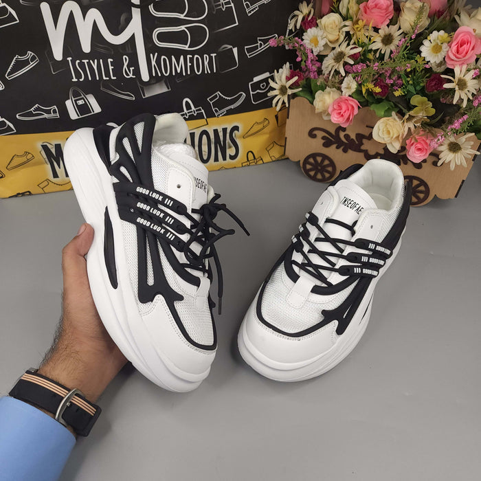White/Blk Men's Trendy Lace-up Chunky Sneakers - Maha fashions -