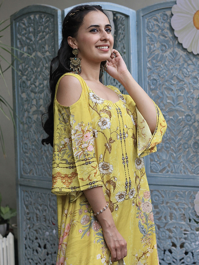 Mastaani Yellow Moroccan Satin Silk Dress detail