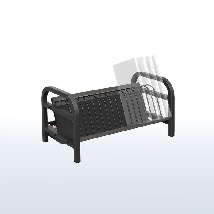 Black metal charging rack on a white background.
