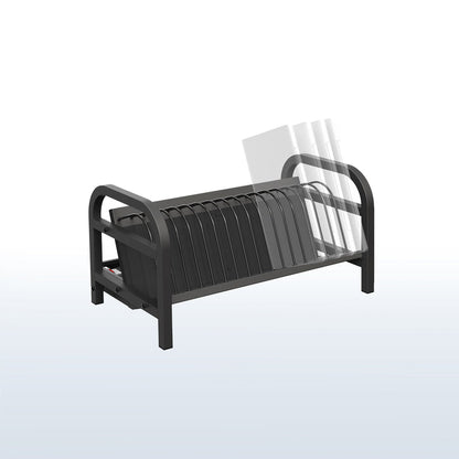 Black metal charging rack on a white background.