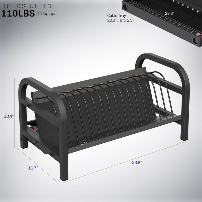 Black cable tray with dimensions and capacity details on a gray background