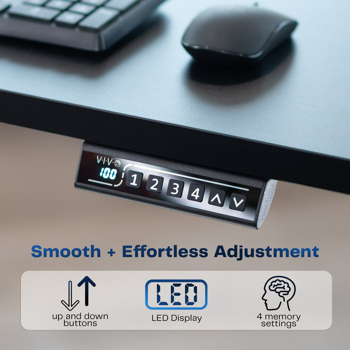 Sturdy ergonomic sit or stand active desk workstation with adjustable height using smart control panel.