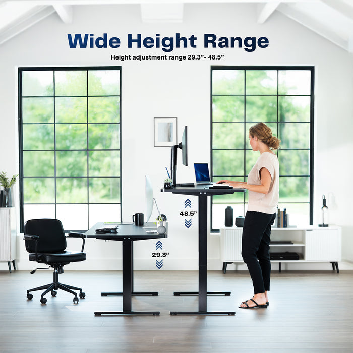 Sturdy ergonomic sit or stand active desk workstation with adjustable height using smart control panel.