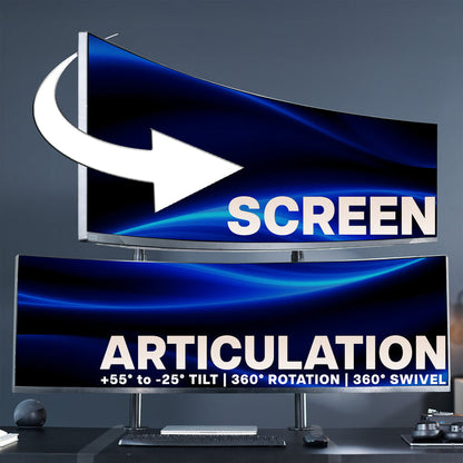 Two computer monitors with text highlighting screen articulation features on a dark background.