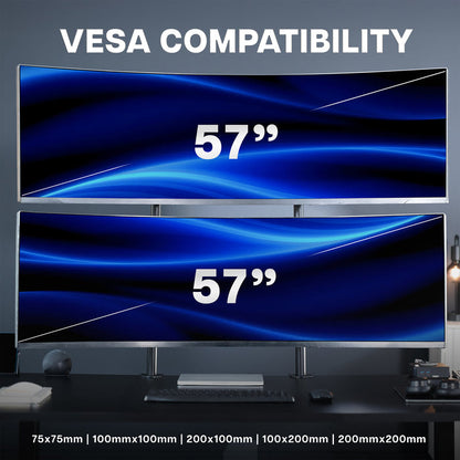 Two 57-inch monitors with VESA compatibility on a desk setup with a dual monitor mount.
