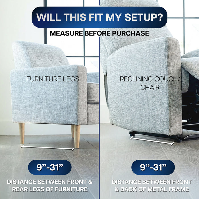 Compatibility measurements for furniture legs and metal frame on a neutral background.