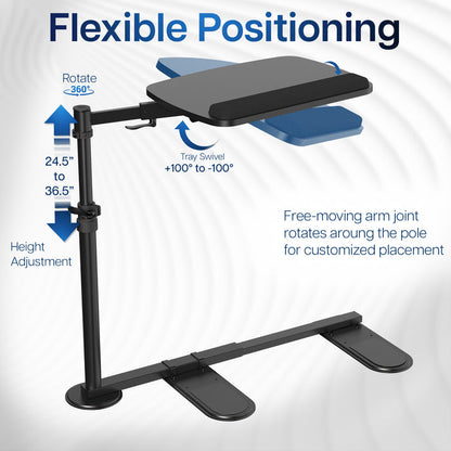 Adjustable laptop desk with flexible positioning features on a white background