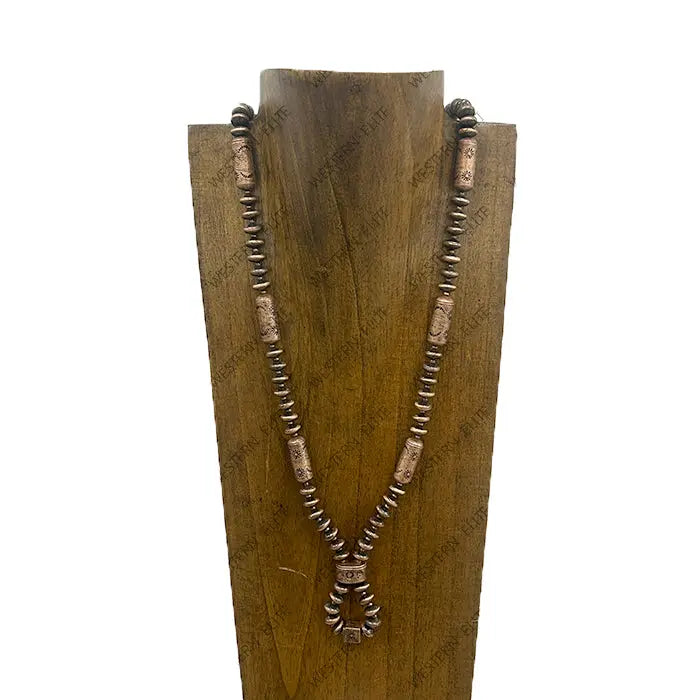 30" 8mm Navajo Inspired Copper Rondelle & Barrel Bead Teardrop Necklace