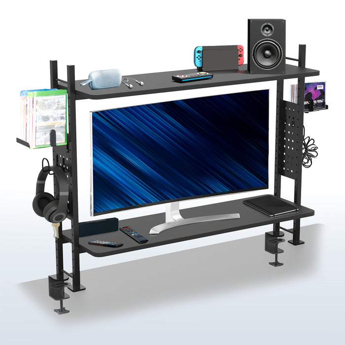 Large clamp-on adjustable shelving system for storage, organization, or gaming.