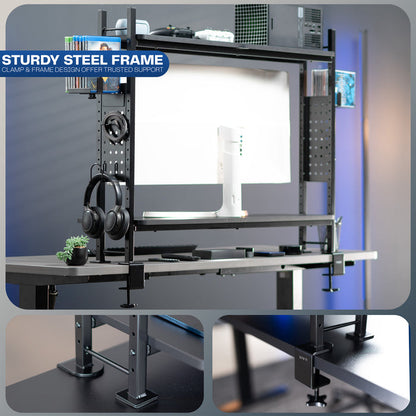 Large clamp-on adjustable shelving system for storage, organization, or gaming.