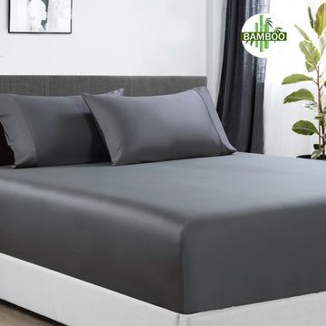 400 thread count bamboo cotton 1 fitted sheet with 2 pillowcases single charcoal-#product_category#-Home Living Store