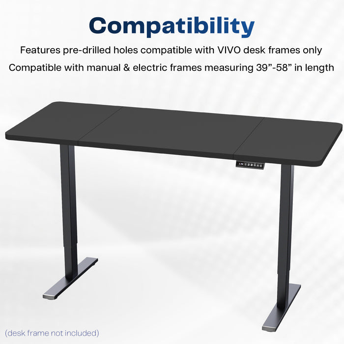 Black desk with compatibility text for VIVO desk frames on a white background