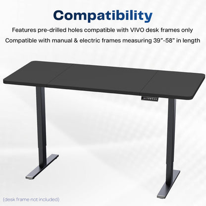 Black desk with compatibility text for VIVO desk frames on a white background