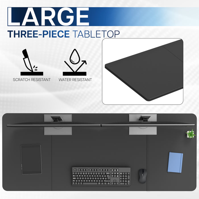 Large three-piece tabletop with scratch-resistant and water-resistant features, shown with a keyboard and mouse.