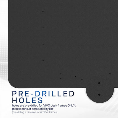 Black table top with pre-drilled holes for VIVO desk frames on a white background