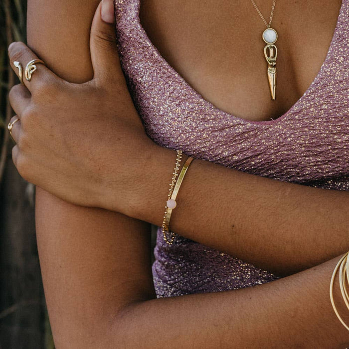 6mm Rose Quartz Hammered Cuff Bracelet