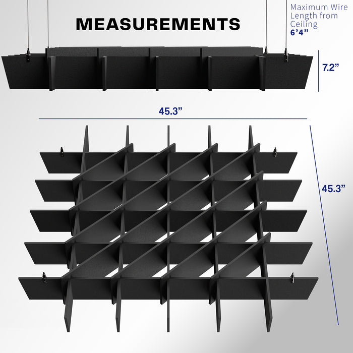 A black acoustic dual-layer ceiling waffle panel with a geometric pattern with text on measurements.