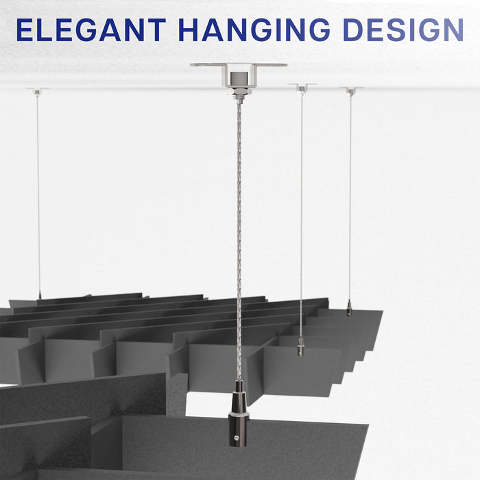 A black acoustic dual-layer ceiling waffle panel with a geometric pattern, mounted on a ceiling.
