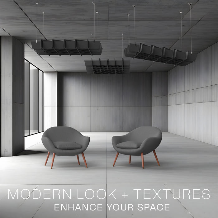 A black acoustic dual-layer ceiling waffle panel with a geometric pattern, mounted on a ceiling in a minimalist room.