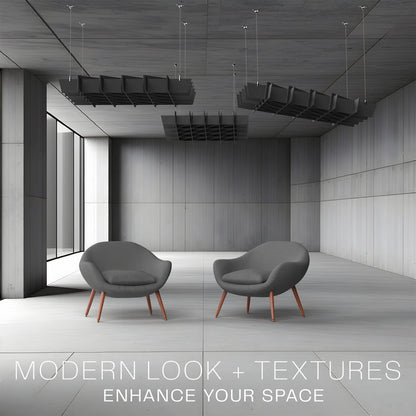 A black acoustic dual-layer ceiling waffle panel with a geometric pattern, mounted on a ceiling in a minimalist room.