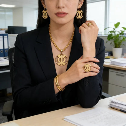 Woman wearing African gold pendant necklace, hoop earrings and bracelet set in black blazer