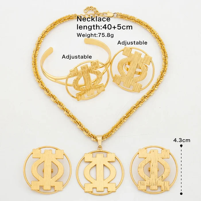 Gold jewelry set with African-inspired hollow pendant, earrings, bangle and ring
