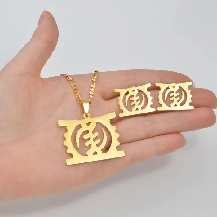 African Gye Stool gold pendant necklace and stud earrings set product detail on neutral background