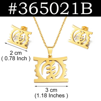 Gold-colored jewelry set featuring a pendant necklace, matching stud earrings, and dimension labels on a white background with a black header. The set includes text indicating measurements of 2 cm for the stud and 3 cm for the pendant.