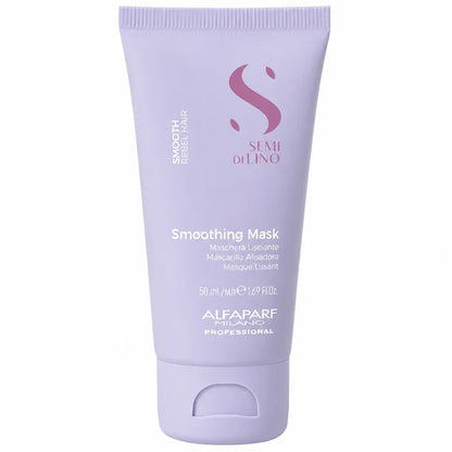 Alfaparf Milano Semi di Lino Smooth Smoothing Mask 50ml in a lavender tube, displayed on a clean white background. Professional anti-frizz hair mask that smooths, softens and controls unruly hair while enhancing shine and manageability.