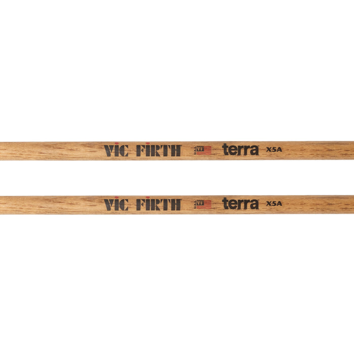 American Classic® X5AT Terra Series Drumsticks, Wood Tip logo and text detail.