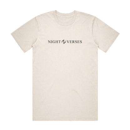 Ivory white T-shirt. The front of the shirt has black text has reads "NIGHT VERSES".