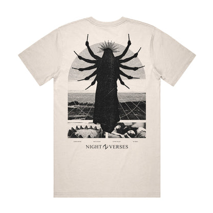 The back of the shirt has an arched window design, with the black outline of a robed person inside of it. The Person has 10 arms all holding sticks. There is also a crown coming from the head of the person. The text "NIGHT VERSES" is on the bottom.