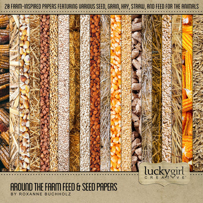 The Around the Farm Feed & Seed Papers Digital Scrapbook Kit by Lucky Girl Creative explores life around the farm, barn, fields and garden. Digital paper textures include grain, barley, buckwheat, corn, hay, straw, pellets, seeds, wheat, and more.
