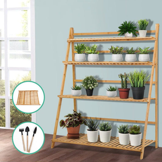 Artiss Plant Stand 4 Tier Bamboo Slat Flower Pot Shelf Pine -Home Living Store - -