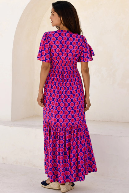 Aspiga Sylvie EcoVero Midaxi Dress Bloom Blue Pink by aspiga featuring flutter sleeves and gathered skirt Shop aspiga at Dotique