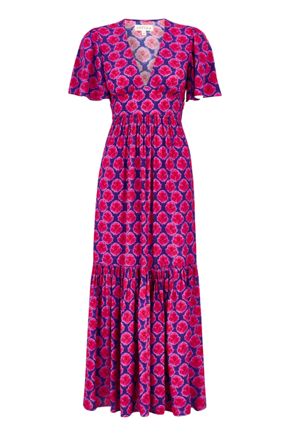 Aspiga Sylvie EcoVero Midaxi Dress Bloom Blue Pink by aspiga with V-neck and gathered skirt Shop aspiga at Dotique
