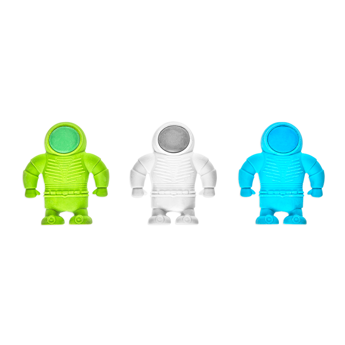 3 different colors of Astronaut Erasers shown standing together