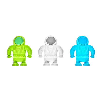 3 different colors of Astronaut Erasers shown standing together
