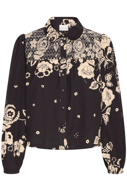 Atelier Rêve IRTULLA black cotton blouse with pink floral design at Dotique