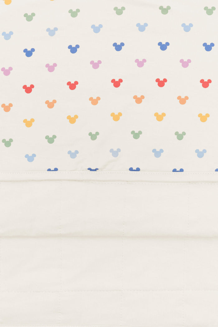 Back side fabric of baby blanket with pastel mickey mouse icons on an oat background