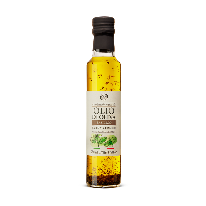 Bottle of Olio di Oliva basilico olive oil on a white background