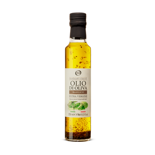 Bottle of Olio di Oliva basilico olive oil on a white background