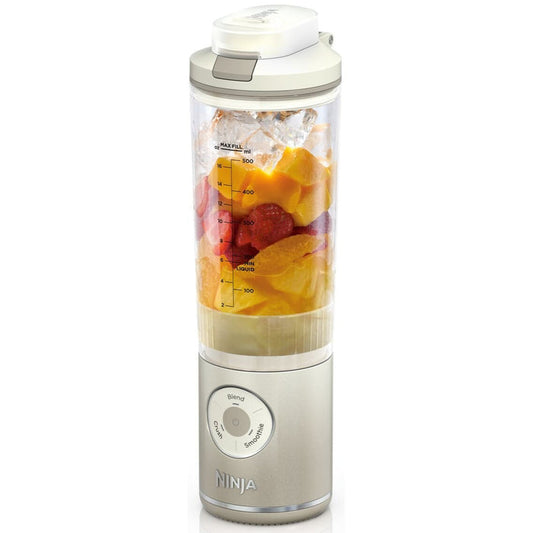 Ninja ivory blender with fruit inside on a white background