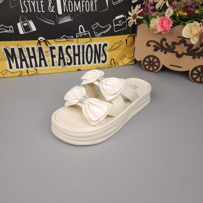 Beige Double Bow Slides - Maha fashions -  Women Footwear