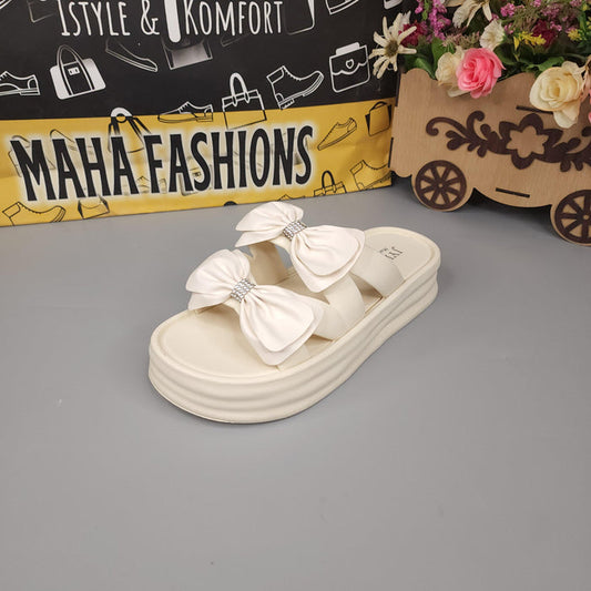 Beige Double Bow Slides - Maha fashions -  Women Footwear