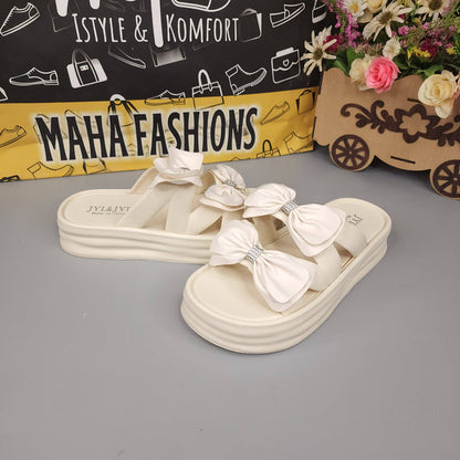 Beige Double Bow Slides - Maha fashions -  Women Footwear