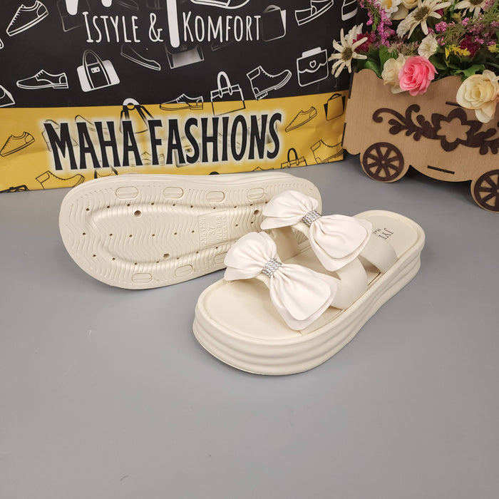 Beige Double Bow Slides - Maha fashions -  Women Footwear