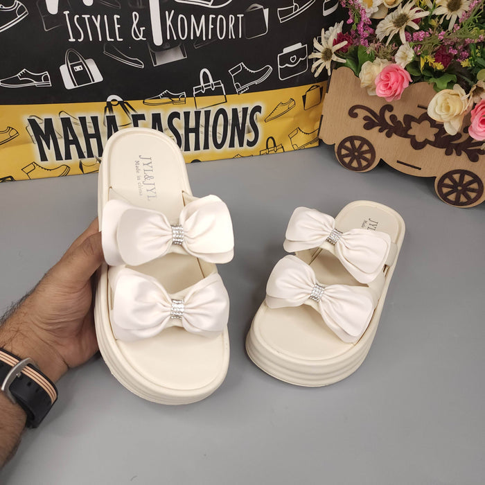 Beige Double Bow Slides - Maha fashions -  Women Footwear