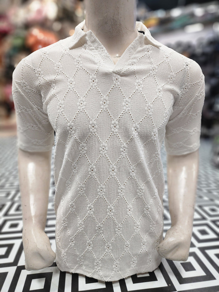 Beige Textured Diamond Pattern Polo Shirt - Maha fashions -  Men Clothing