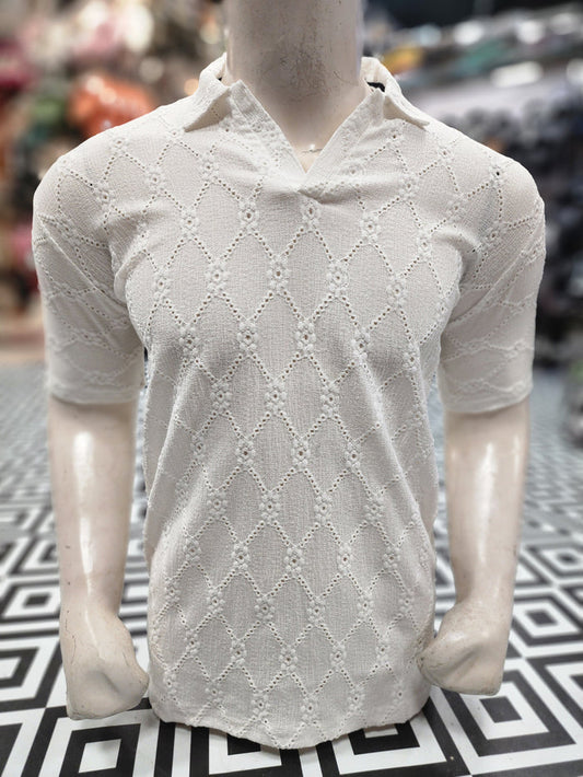 Beige Textured Diamond Pattern Polo Shirt - Maha fashions -  Men Clothing